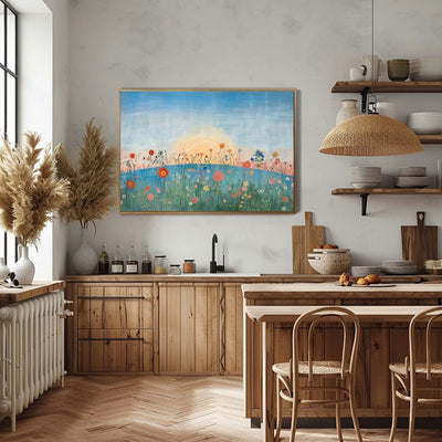 Poster wall art showing 'Golden Hour Florals – Wildflowers at Sunset' in a kitchen