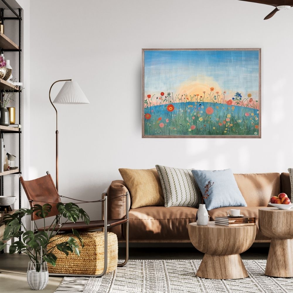 Poster wall art showing 'Golden Hour Florals – Wildflowers at Sunset' in a living room