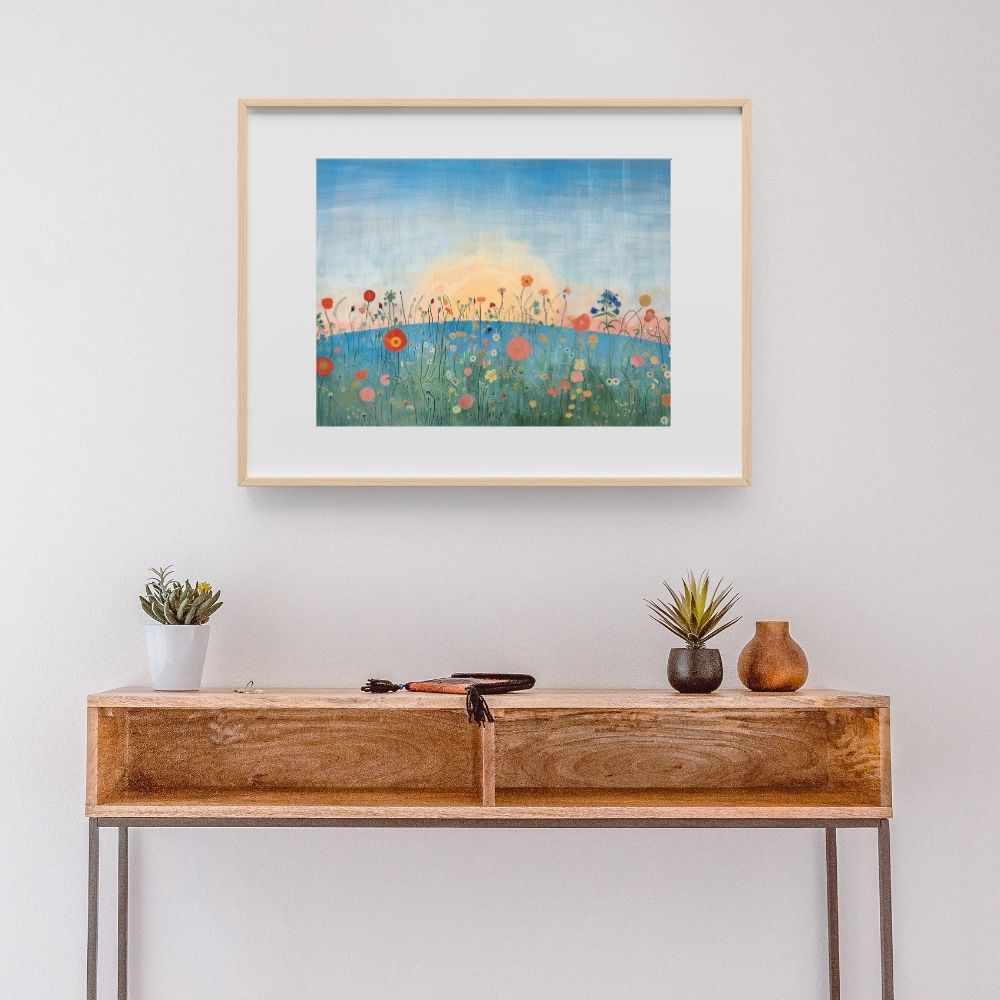 Poster wall art showing 'Golden Hour Florals – Wildflowers at Sunset' in a hallway