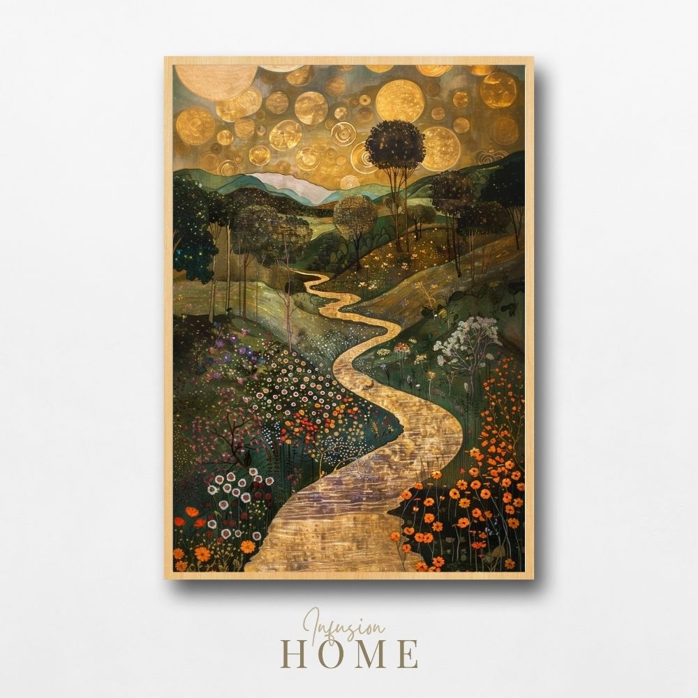 Poster wall art showing 'Golden Landscape - A River's Path Through a Surreal Floral Valley'