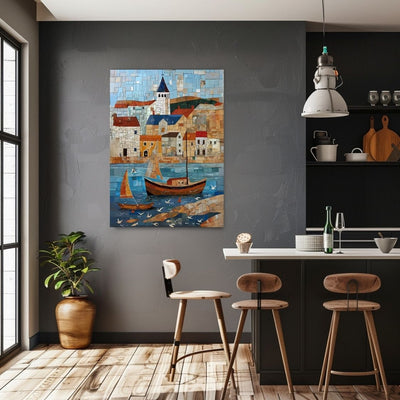 Poster wall art showing 'Harbor Harmony - Summer Mosaic Art' in a kitchen