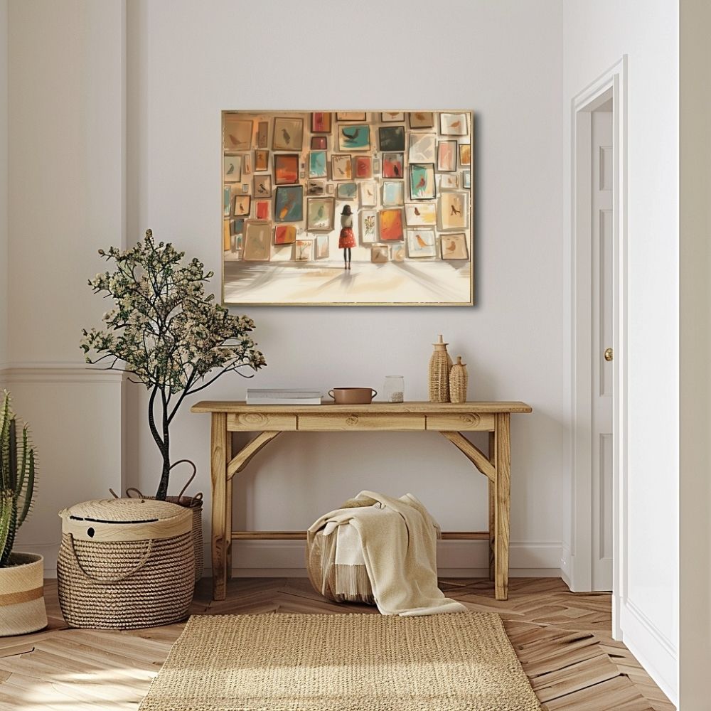 Woman in Art Gallery with Vintage Bird Illustrations Whimsical Giclée Print