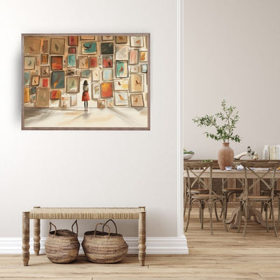 Woman in Art Gallery with Vintage Bird Illustrations Whimsical Giclée Print