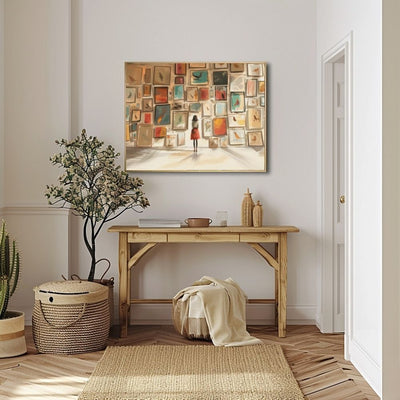 Woman in Art Gallery with Vintage Bird Illustrations Whimsical Giclée Print