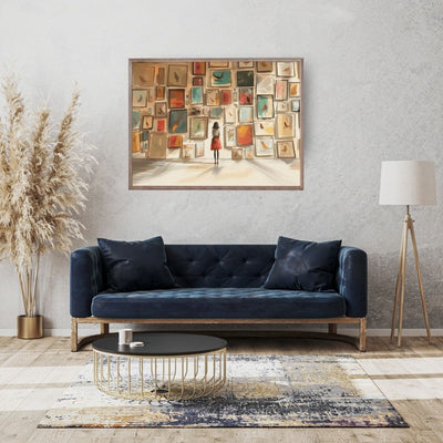 Woman in Art Gallery with Vintage Bird Illustrations Whimsical Giclée Print