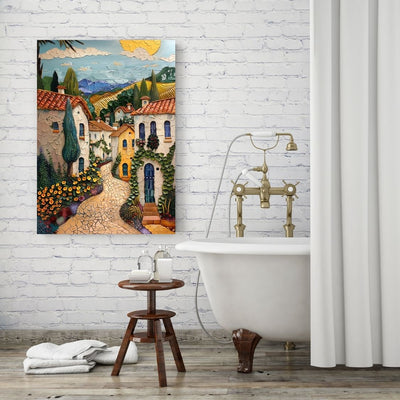 Poster wall art showing 'Sunlit Serenity - Impasto Artwork of a French Village' in a bathroom