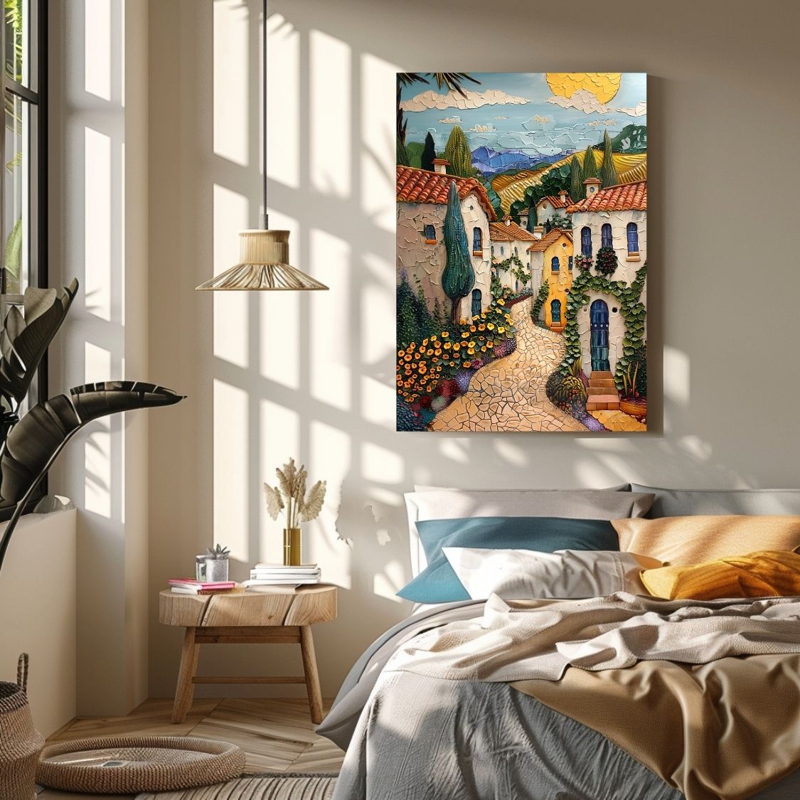 Poster wall art showing 'Sunlit Serenity - Impasto Artwork of a French Village' in a bedroom