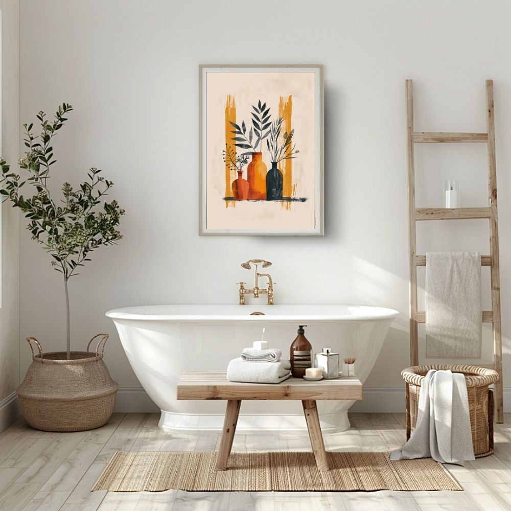 Poster wall art showing 'Minimal Boho Vases – Simplistic Earth Tone Floral Art' in a bathroom