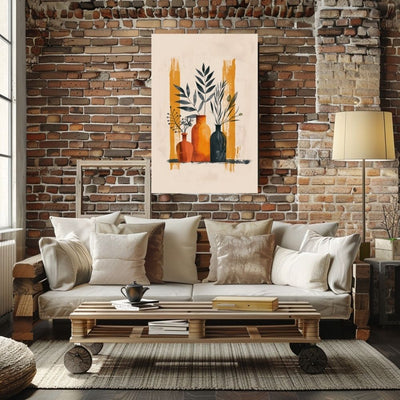 Poster wall art showing 'Minimal Boho Vases – Simplistic Earth Tone Floral Art' in a living room