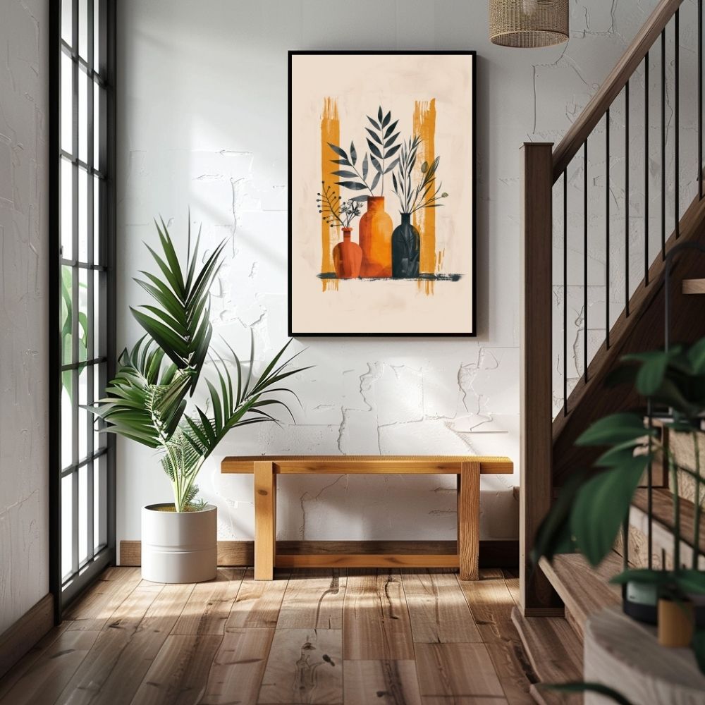 Poster wall art showing 'Minimal Boho Vases – Simplistic Earth Tone Floral Art' in a hallway