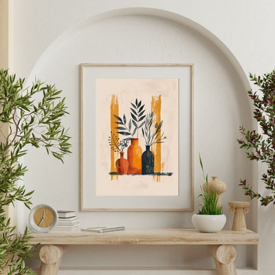 Poster wall art showing 'Minimal Boho Vases – Simplistic Earth Tone Floral Art' on a wall with plants