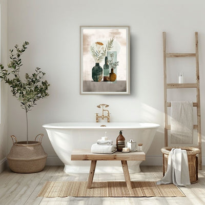 Poster wall art showing 'Minimalist Flora – Boho Style Abstract Art' in a bathroom