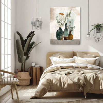 Poster wall art showing 'Minimalist Flora – Boho Style Abstract Art' in a bedroom