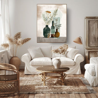 Poster wall art showing 'Minimalist Flora – Boho Style Abstract Art' in a living room