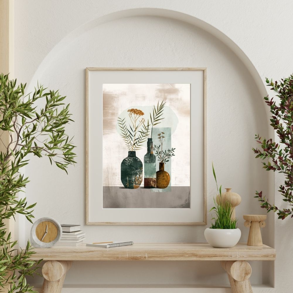 Poster wall art showing 'Minimalist Flora – Boho Style Abstract Art' on a wall with plants