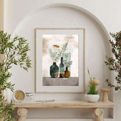 Poster wall art showing 'Minimalist Flora – Boho Style Abstract Art' on a wall with plants