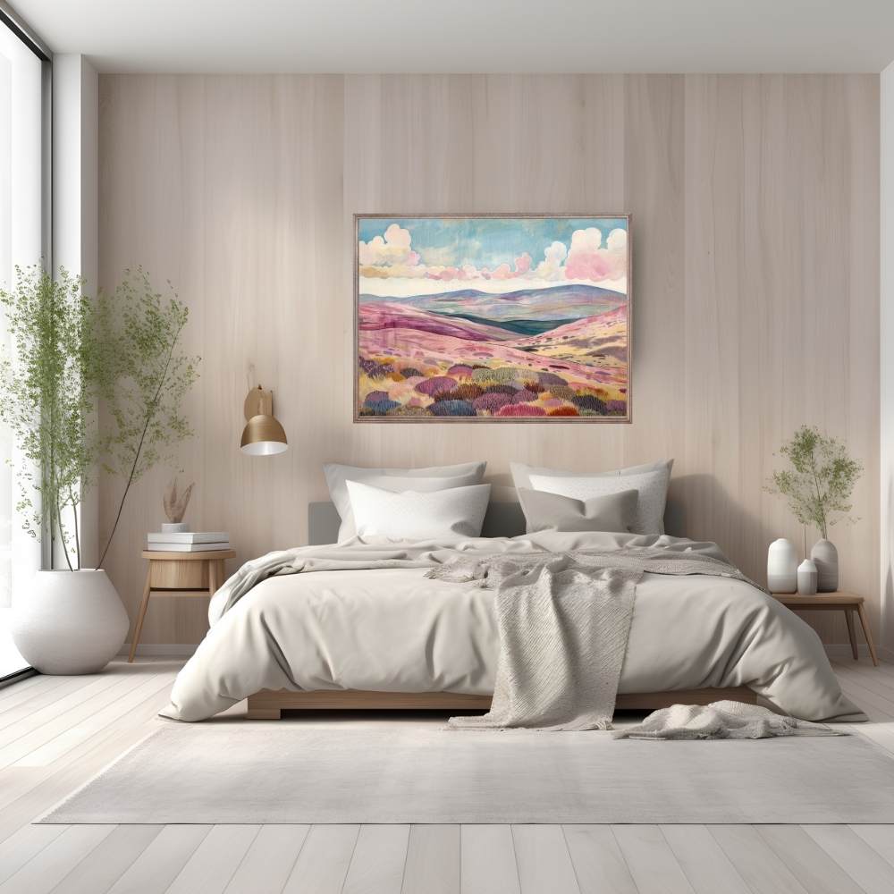 Poster wall art showing 'Moorland Whispers – Heather and Hovering Clouds' in a bedroom