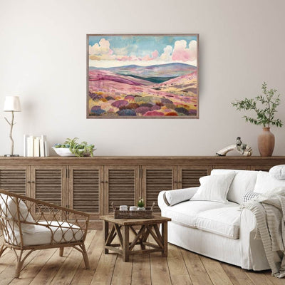 Poster wall art showing 'Moorland Whispers – Heather and Hovering Clouds' in a living room