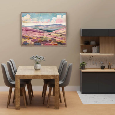 Poster wall art showing 'Moorland Whispers – Heather and Hovering Clouds' in a dining room