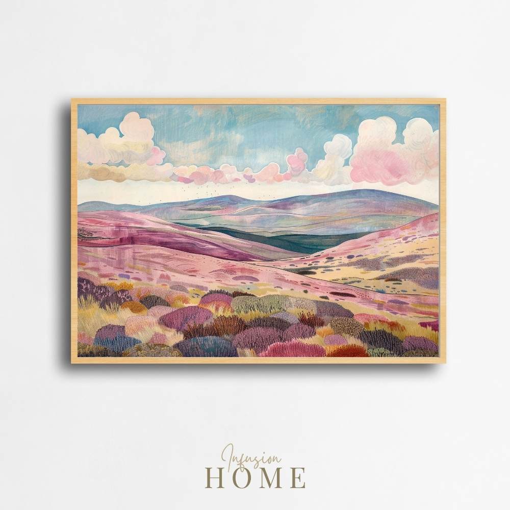 Poster wall art showing 'Moorland Whispers – Heather and Hovering Clouds'