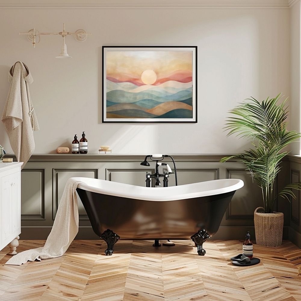 Poster wall art showing 'Mountain Haze – Sunrise Over Misty Ranges' in a bathroom