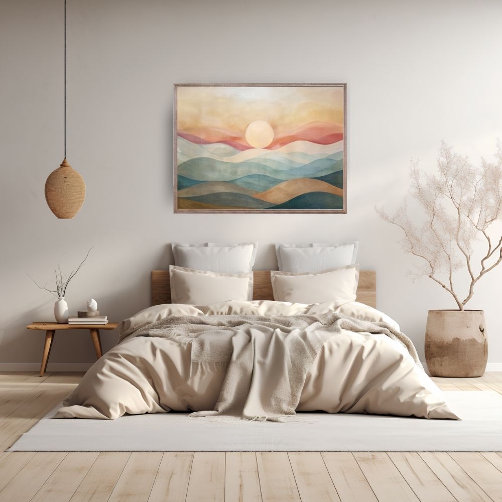 Poster wall art showing 'Mountain Haze – Sunrise Over Misty Ranges' in a bedroom