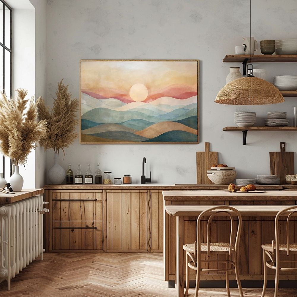 Poster wall art showing 'Mountain Haze – Sunrise Over Misty Ranges' in a kitchen