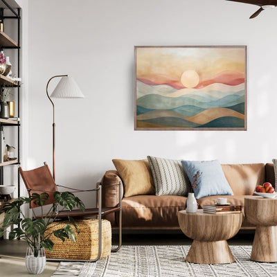 Poster wall art showing 'Mountain Haze – Sunrise Over Misty Ranges' in a living room