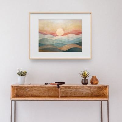 Poster wall art showing 'Mountain Haze – Sunrise Over Misty Ranges' in a hallway