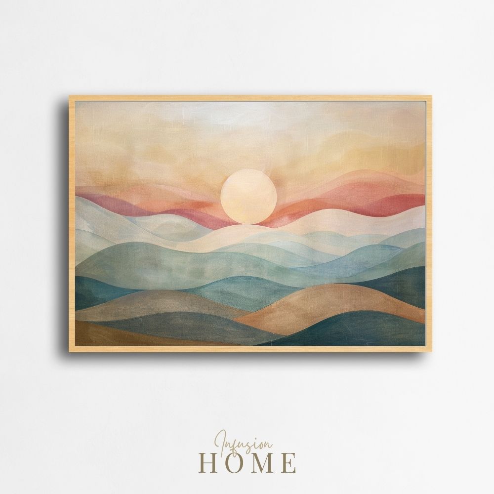 Poster wall art showing 'Mountain Haze – Sunrise Over Misty Ranges'