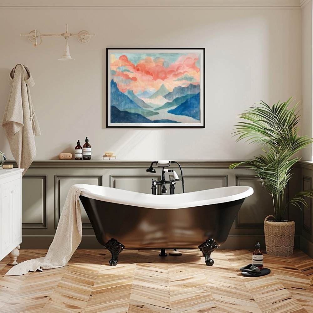 Poster wall art showing 'Mountain Majesty – High Pass Amidst Soaring Peaks' in a bathroom