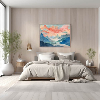 Poster wall art showing 'Mountain Majesty – High Pass Amidst Soaring Peaks' in a bedroom