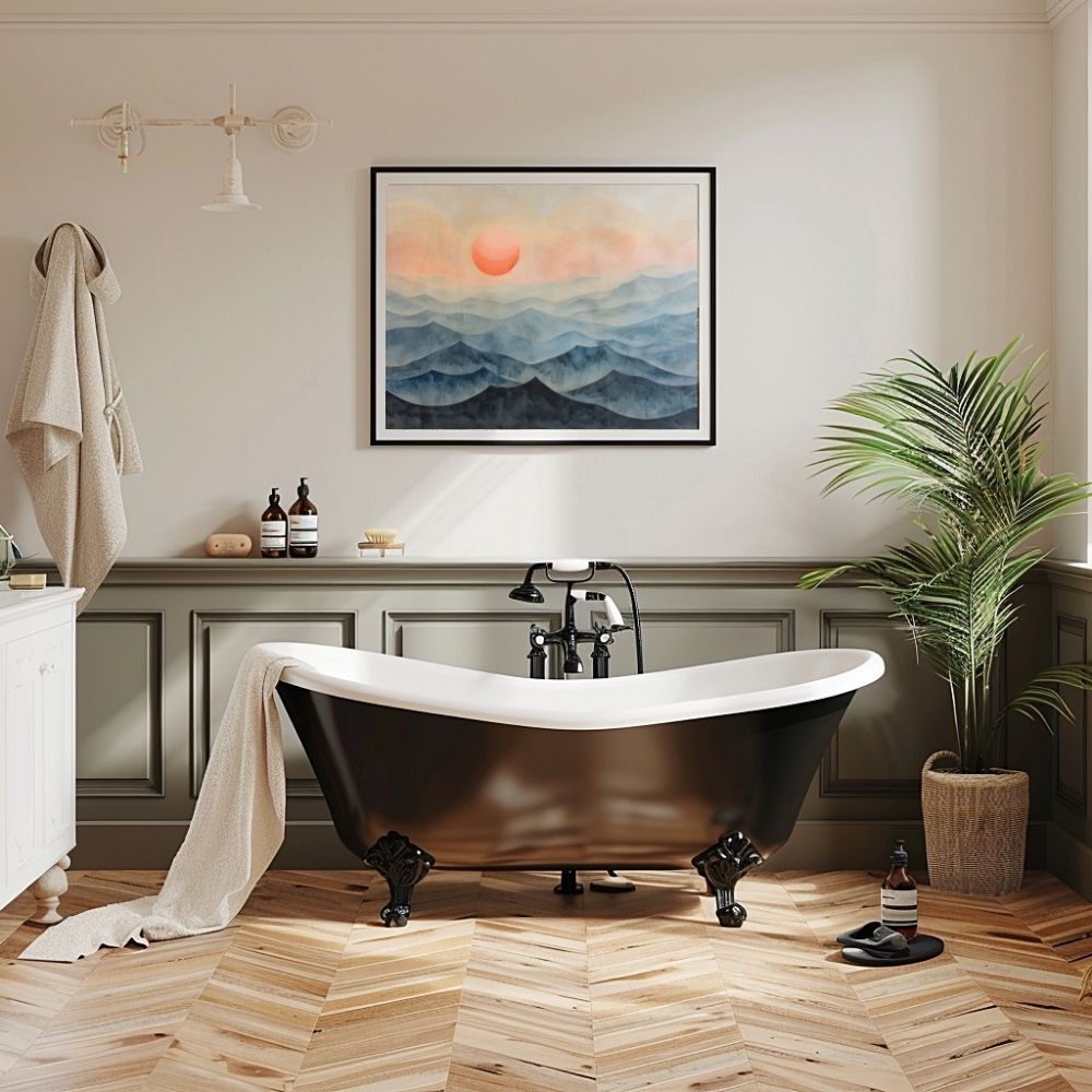 Poster wall art showing 'Mountain Mist Morning – Sunrise Serenity' in a bathroom