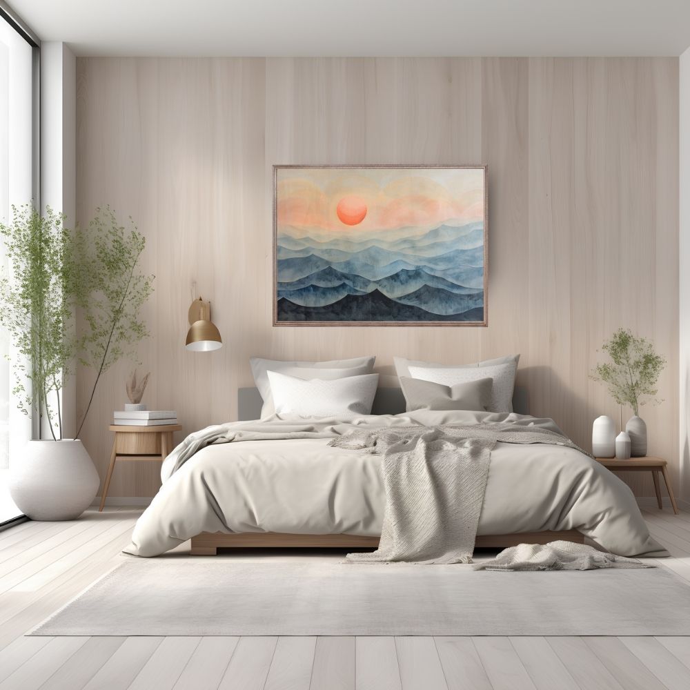 Poster wall art showing 'Mountain Mist Morning – Sunrise Serenity' in a bedroom