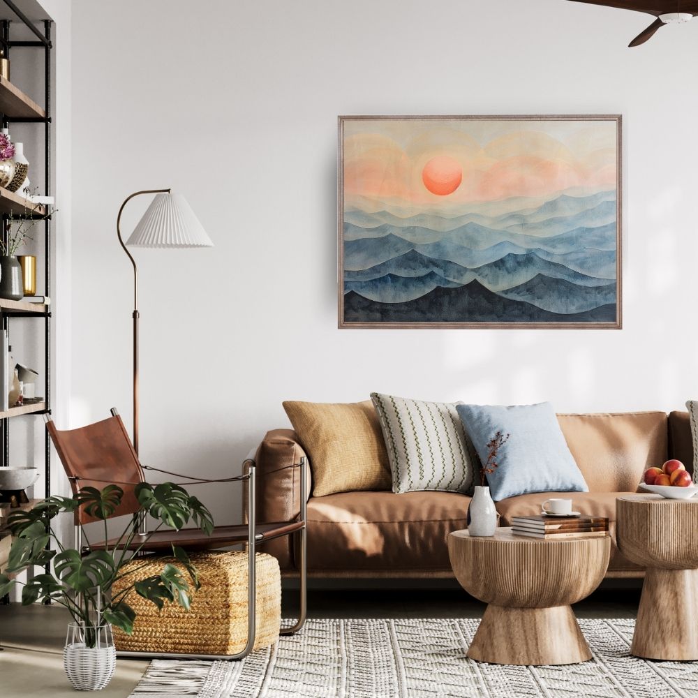 Poster wall art showing 'Mountain Mist Morning – Sunrise Serenity' in a living room