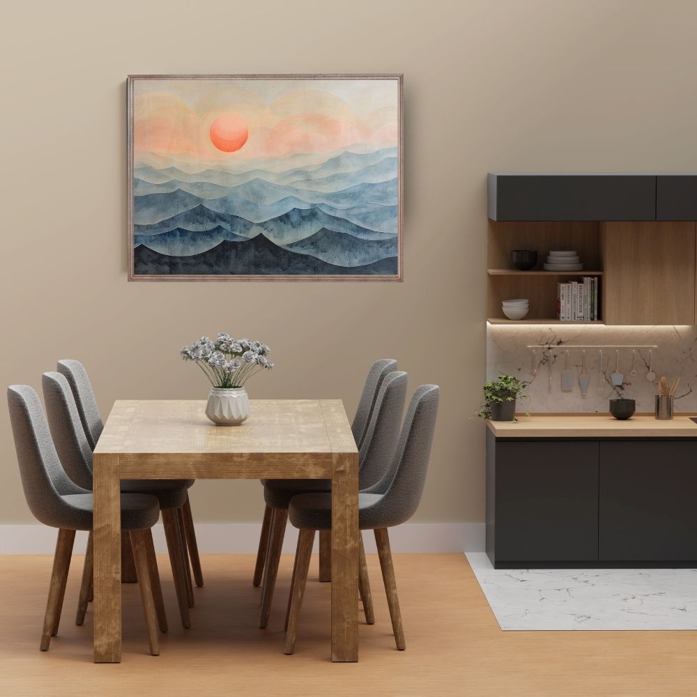 Poster wall art showing 'Mountain Mist Morning – Sunrise Serenity' in a dining room