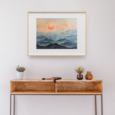 Poster wall art showing 'Mountain Mist Morning – Sunrise Serenity' in a hallway