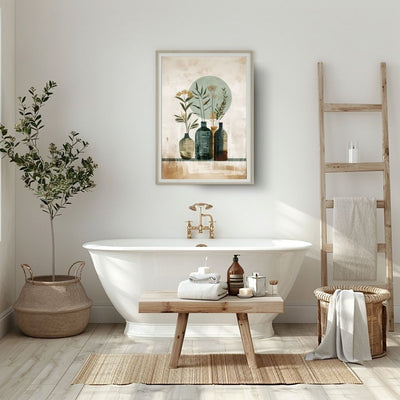 Poster wall art showing 'Natural Boho Minimalism – Floral Vase Artwork' in a bathroom