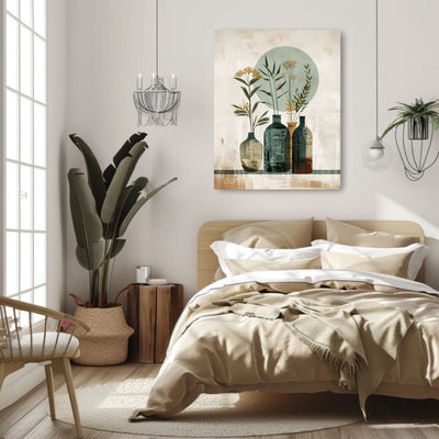 Poster wall art showing 'Natural Boho Minimalism – Floral Vase Artwork' in a bedroom