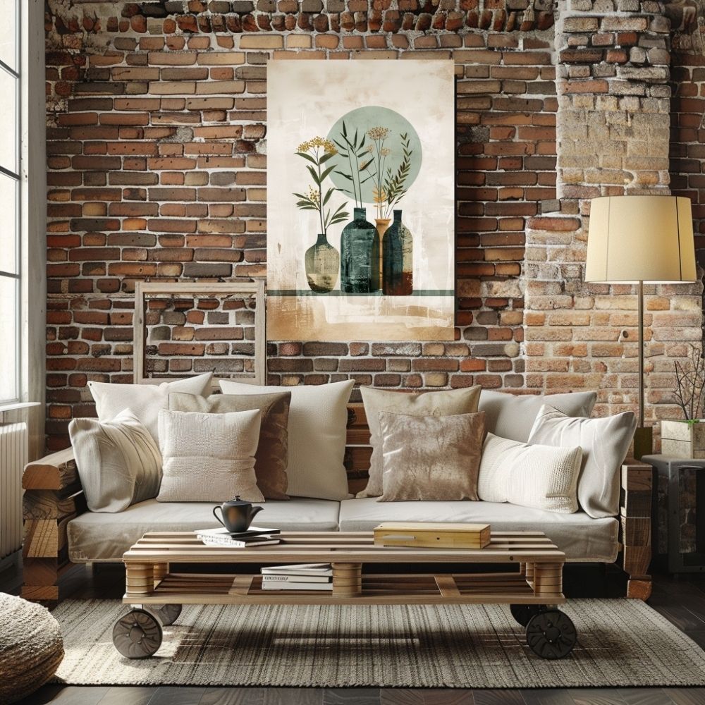 Poster wall art showing 'Natural Boho Minimalism – Floral Vase Artwork' in a living room