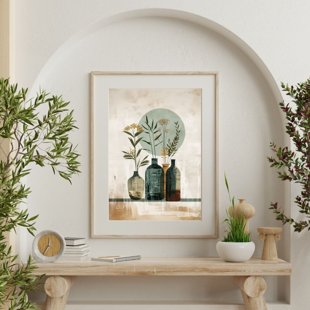 Poster wall art showing 'Natural Boho Minimalism – Floral Vase Artwork' on a wall with plants