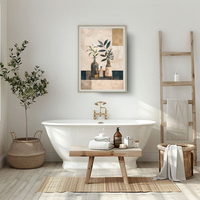 Poster wall art showing 'Neutral Botanicals – Minimalist Boho Vase Art' in a bathroom