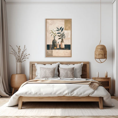 Poster wall art showing 'Neutral Botanicals – Minimalist Boho Vase Art' in a bedroom