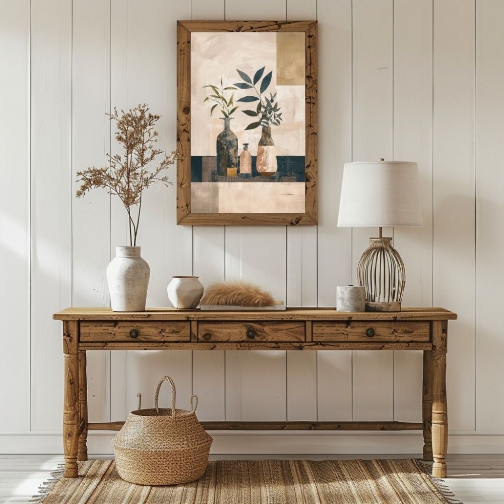 Poster wall art showing 'Neutral Botanicals – Minimalist Boho Vase Art' in a hallway