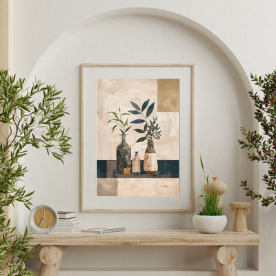 Poster wall art showing 'Neutral Botanicals – Minimalist Boho Vase Art' on a wall with plants