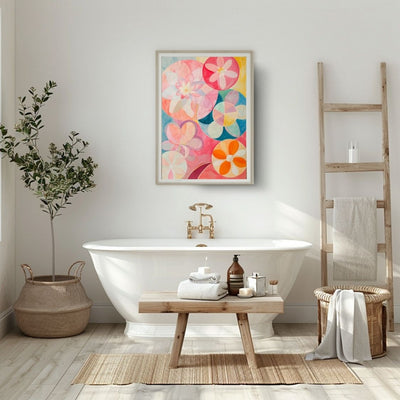 Poster wall art showing 'Petal Haze – Abstract with Pink and Rose Hues' in a bathroom