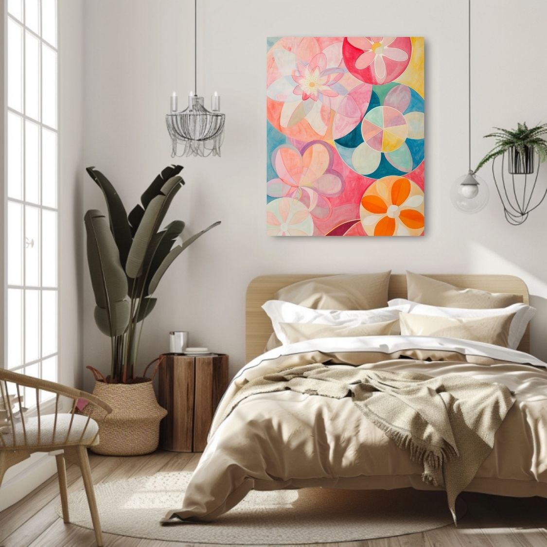 Poster wall art showing 'Petal Haze – Abstract with Pink and Rose Hues' in a bedroom