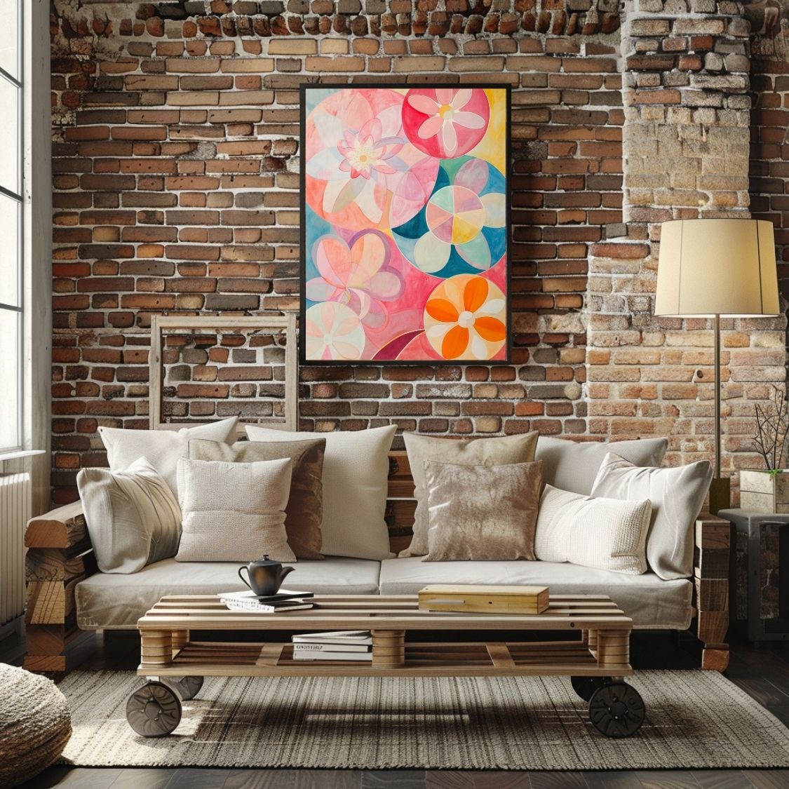 Poster wall art showing 'Petal Haze – Abstract with Pink and Rose Hues' in a brick living room