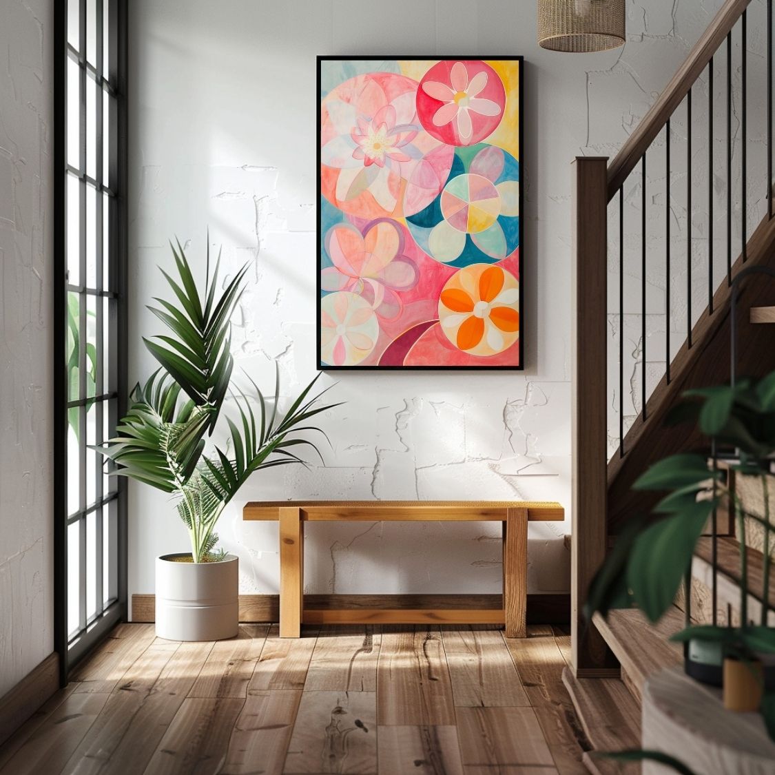 Poster wall art showing 'Petal Haze – Abstract with Pink and Rose Hues' in an entryway