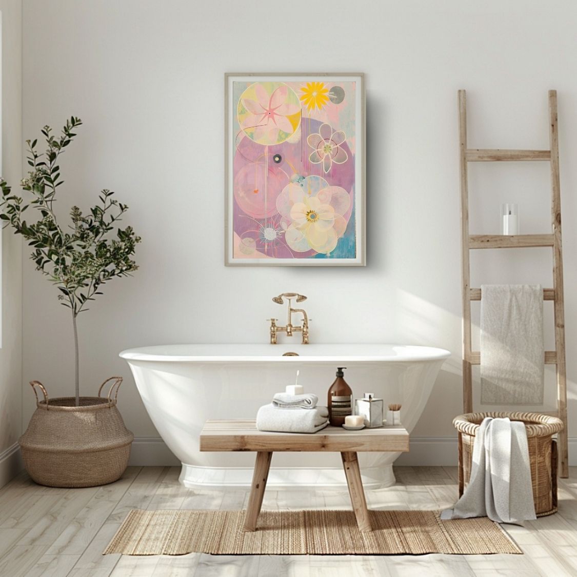 Poster wall art showing 'Petal Hues – Neutral and Pink Flower Motifs' in a bathroom